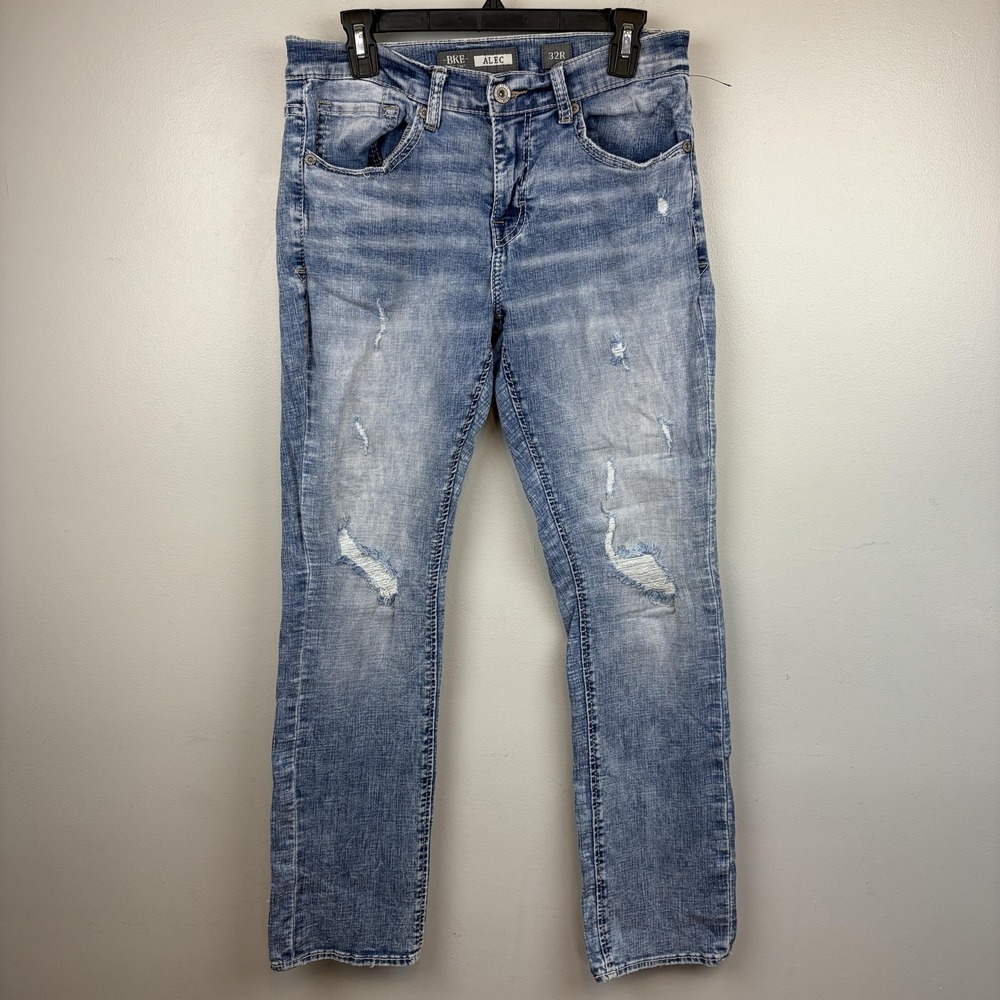 BKE Alec Jeans Mens 32x30‎ Light Wash Blue Straight Leg Distressed Stretch Denim